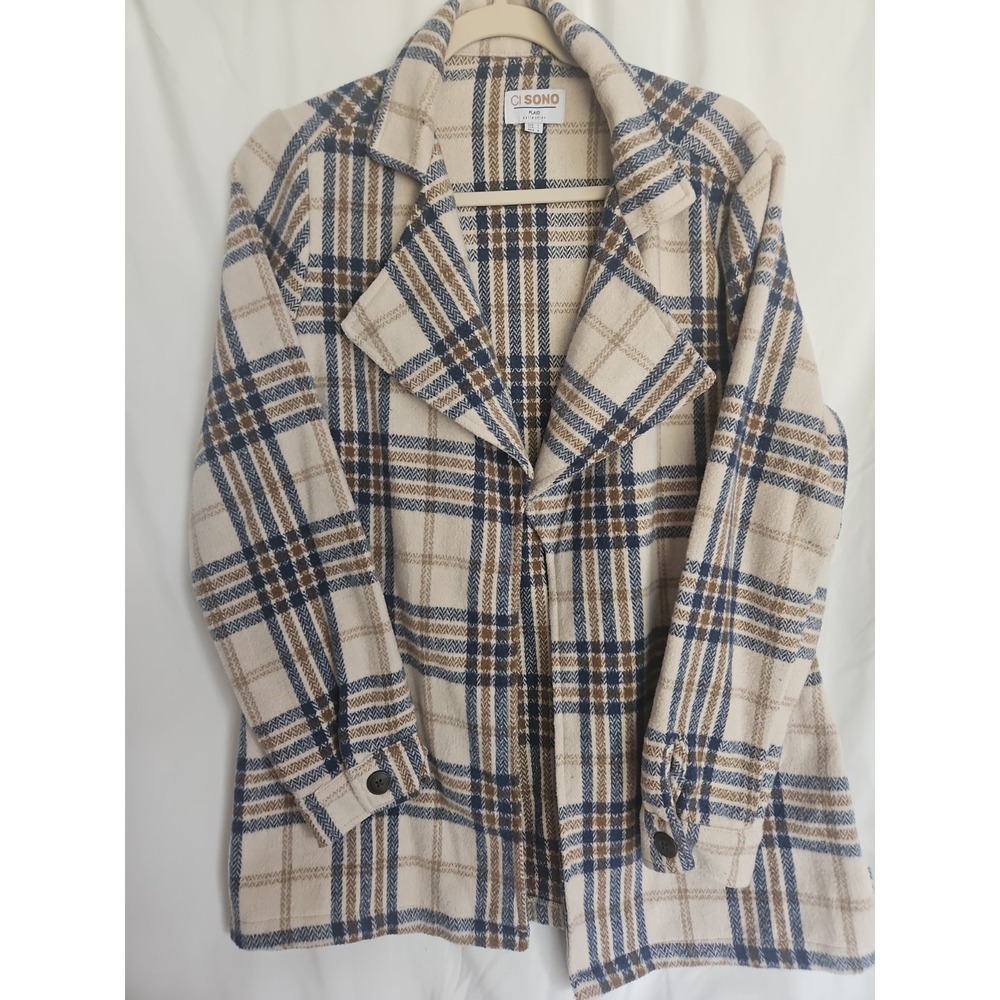 CI SONO Womens L Blue Beige Plaid Shirt Jacket Shacket Cotton Blend SHKT48